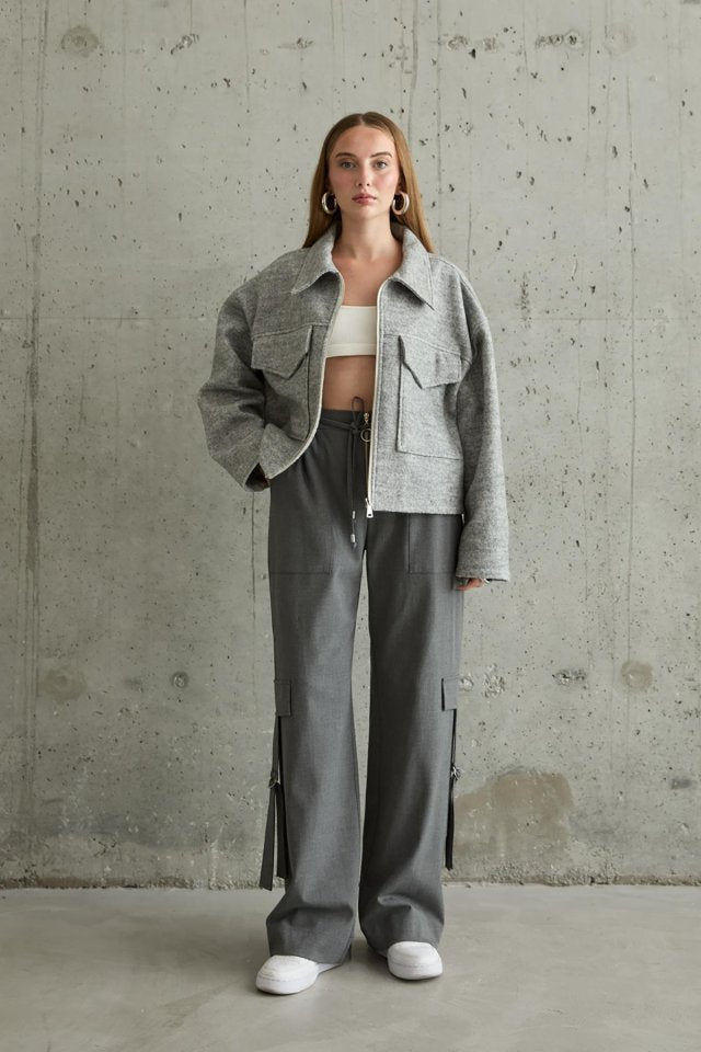 Gri Cebi Kapaklı Kaşe Ceket