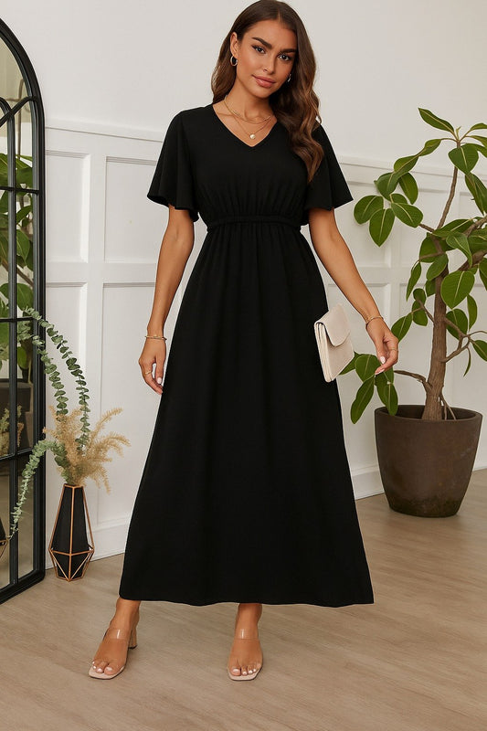 Kadın Kısa Kollu V Yakalı Beli Lastikli Uzun Viskon Elbise